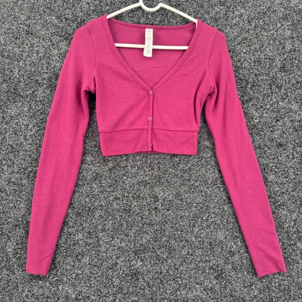 Alo Yoga Womens Ribbed Cropped Cardigan Berry Pink Long Sleeve V-Neck Size S